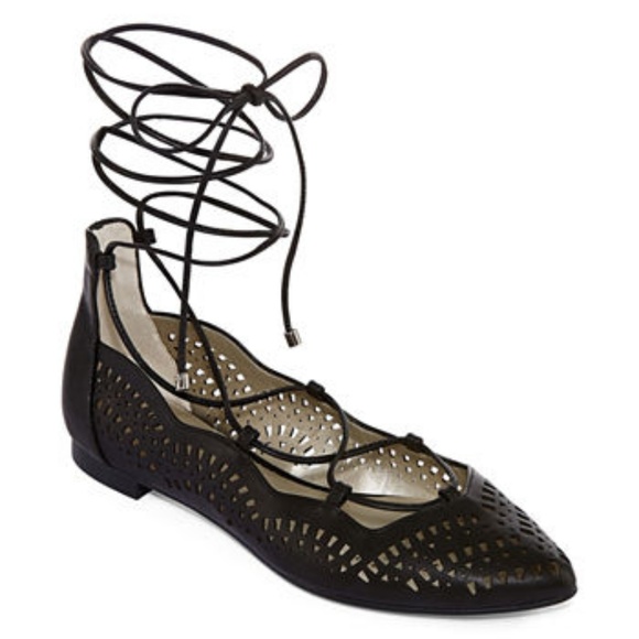 a.n.a Shoes - Black Laser Cut Lace Up Flats pointed toe!
